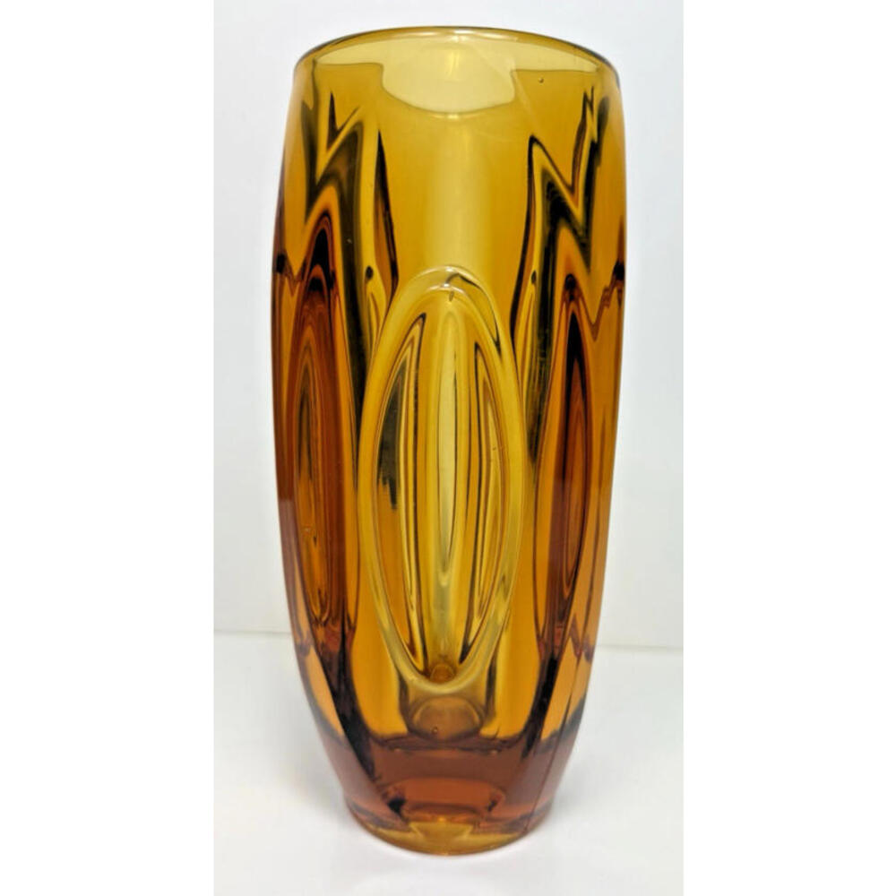 SKLO Vase Amber Yellow Glass Bullet Lens 8"H Czech 60s Mid Mod MCM Hand Blown - Picture 3 of 15
